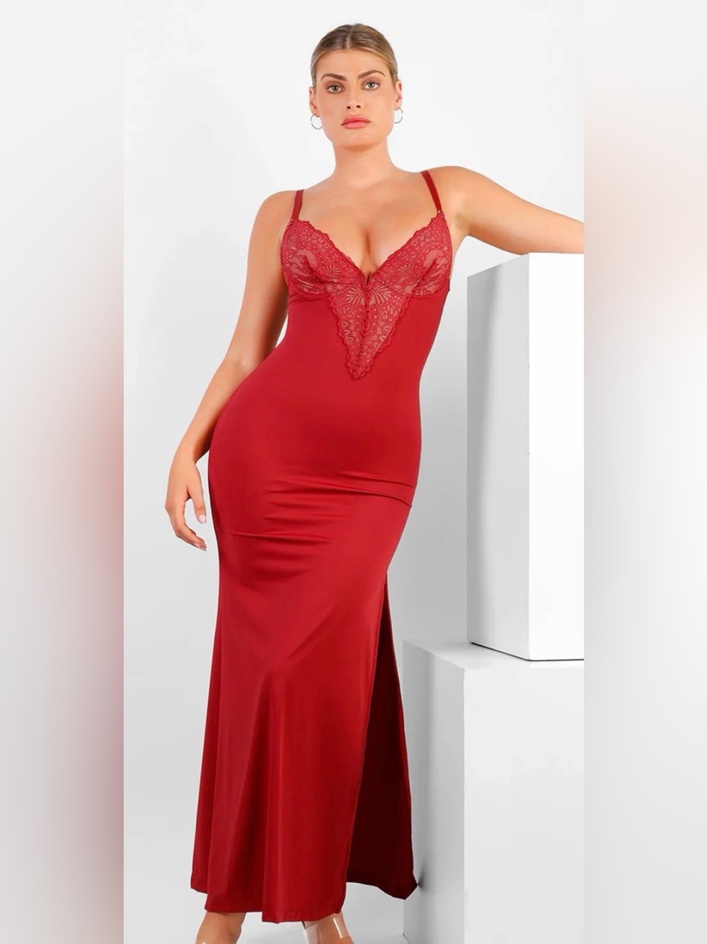 Popilush Red Lace-Trim Maxi Slip Dress NWT Sz L